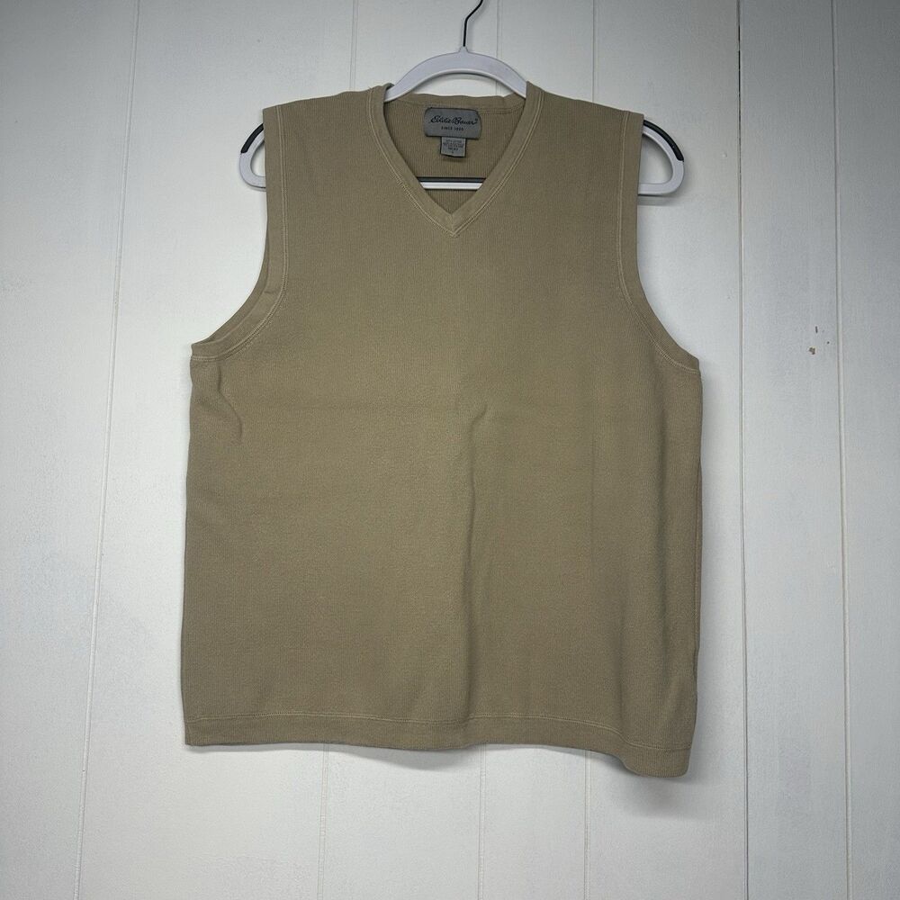 Eddie Bauer Men’s Large V-Neck Sweater Vest Light Brown Tan Knit Casual Classic